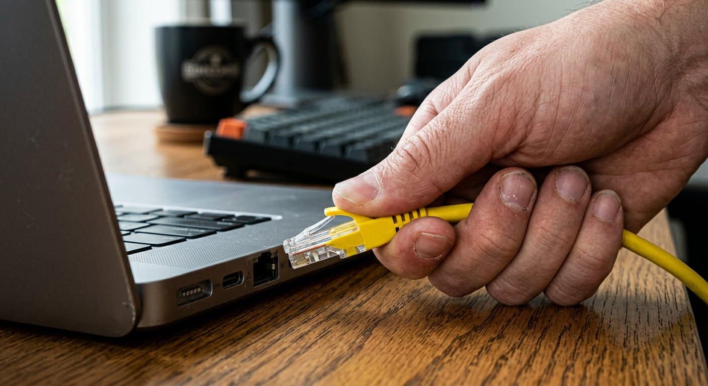 יד מחברת כבל רשת צהוב ליציאת Ethernet במחשב נייד