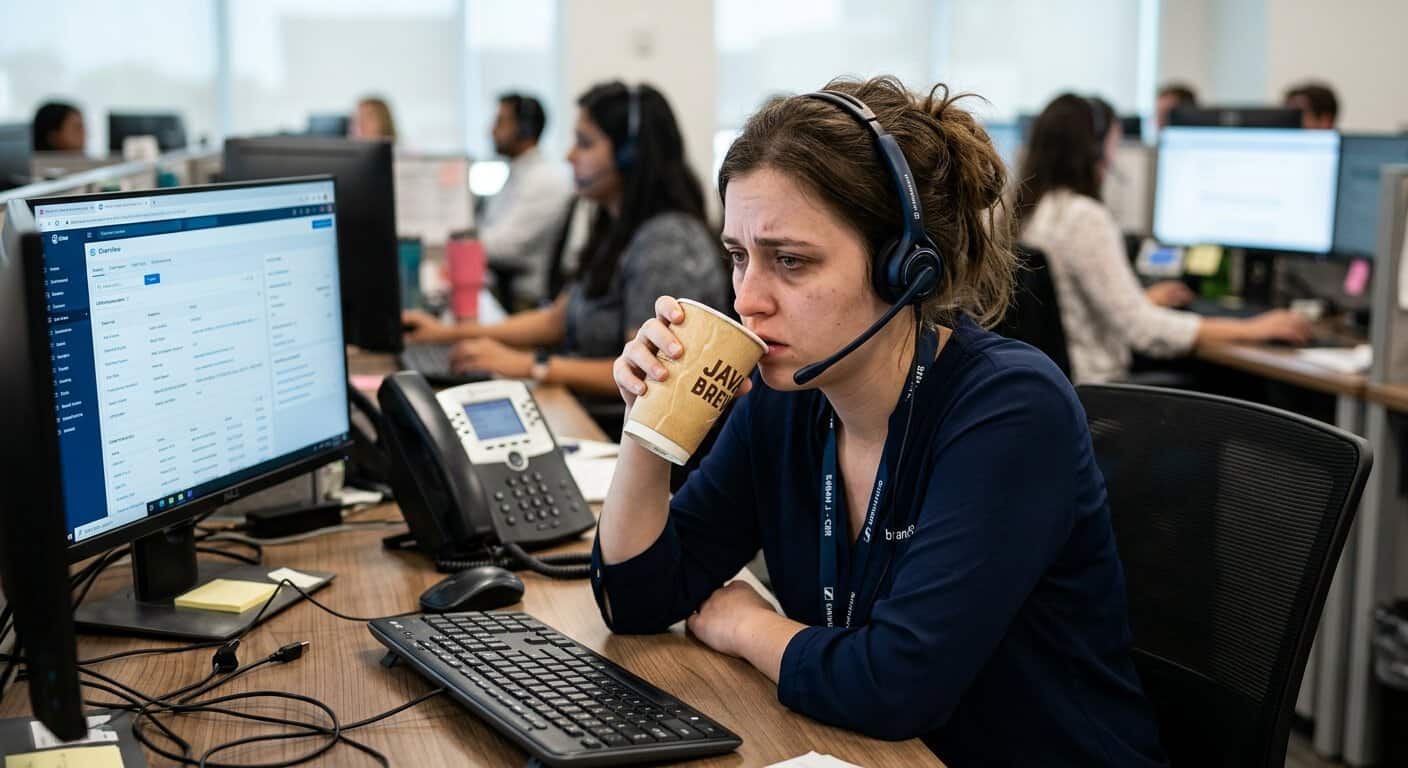 נציגת שירות לקוחות עייפה חובשת מערכת ראש ושותה קפה מול מחשב במוקד טלפוני