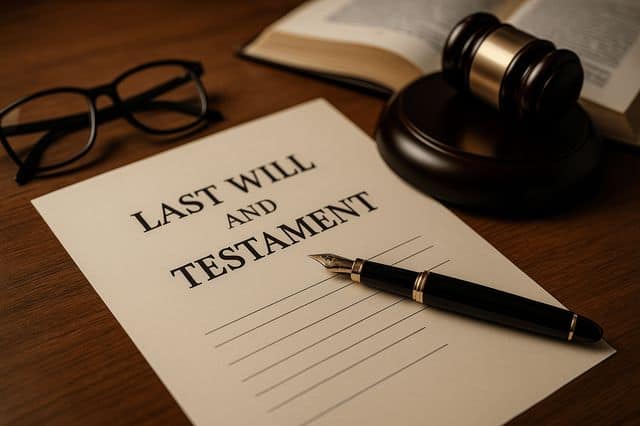 מסמך צוואה 'LAST WILL AND TESTAMENT' מונח על שולחן עץ עם עט דיו, פטיש שופטים ומשקפיים.