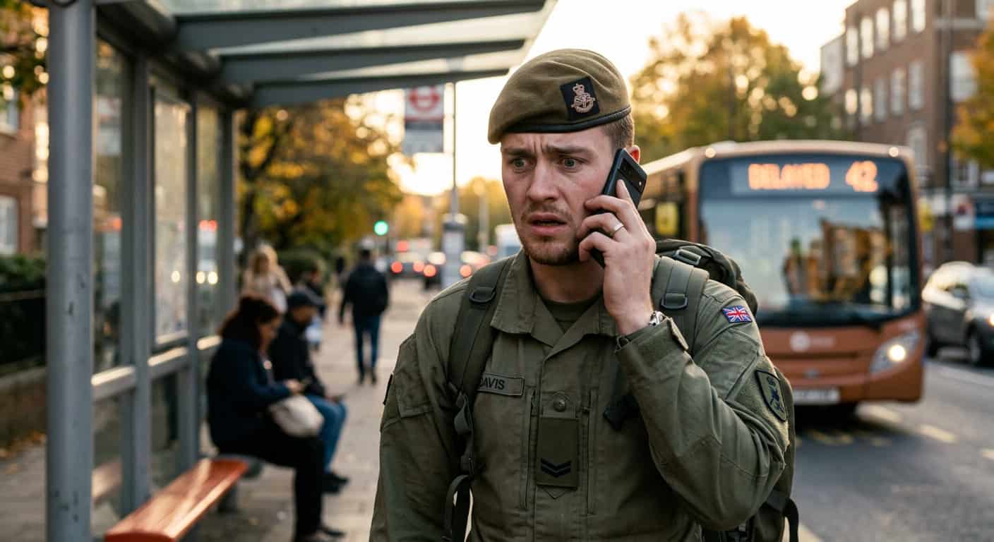 חייל בריטי במדים מדבר בטלפון חכם בתחנת אוטובוס בהבעת פנים מודאגת